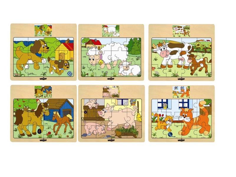 Displ. 12ks - Puzzle na desce "Mašinka" - zvířata s mláďaty