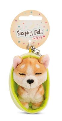 NICI klíčenka spící Pejsek Welsh Corgi 12 cm, světle zelený košík, GREEN