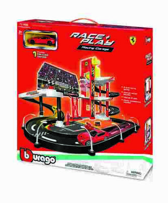 Bburago - FERRARI RACE+PLAY, Garáž se závodní dráhou + autíčko, 1:43
